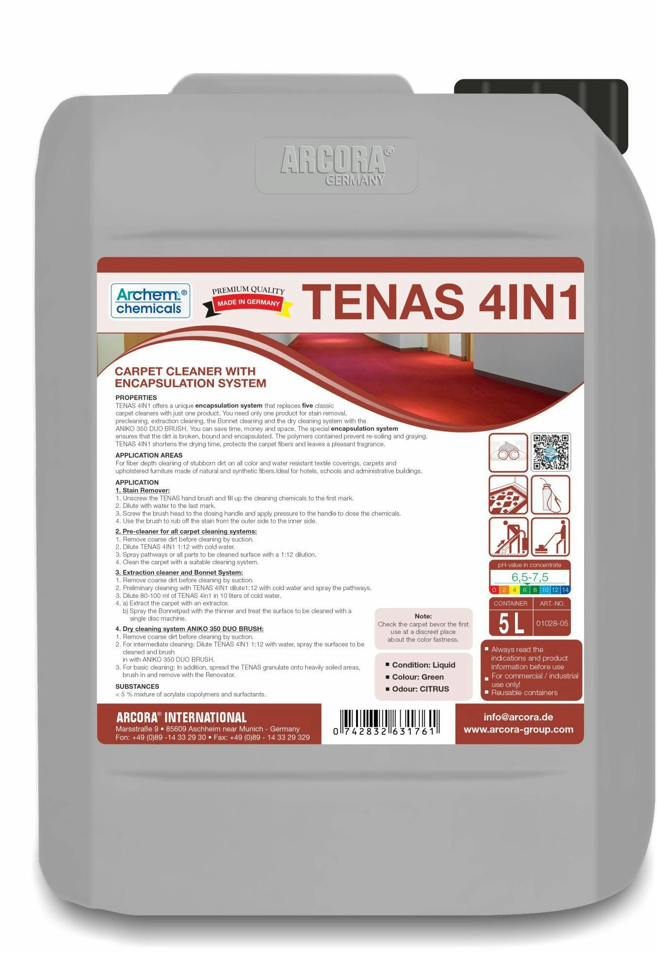 ARCORA Teppichreiniger Mit Encapsulation System TENAS 4IN1, 5L