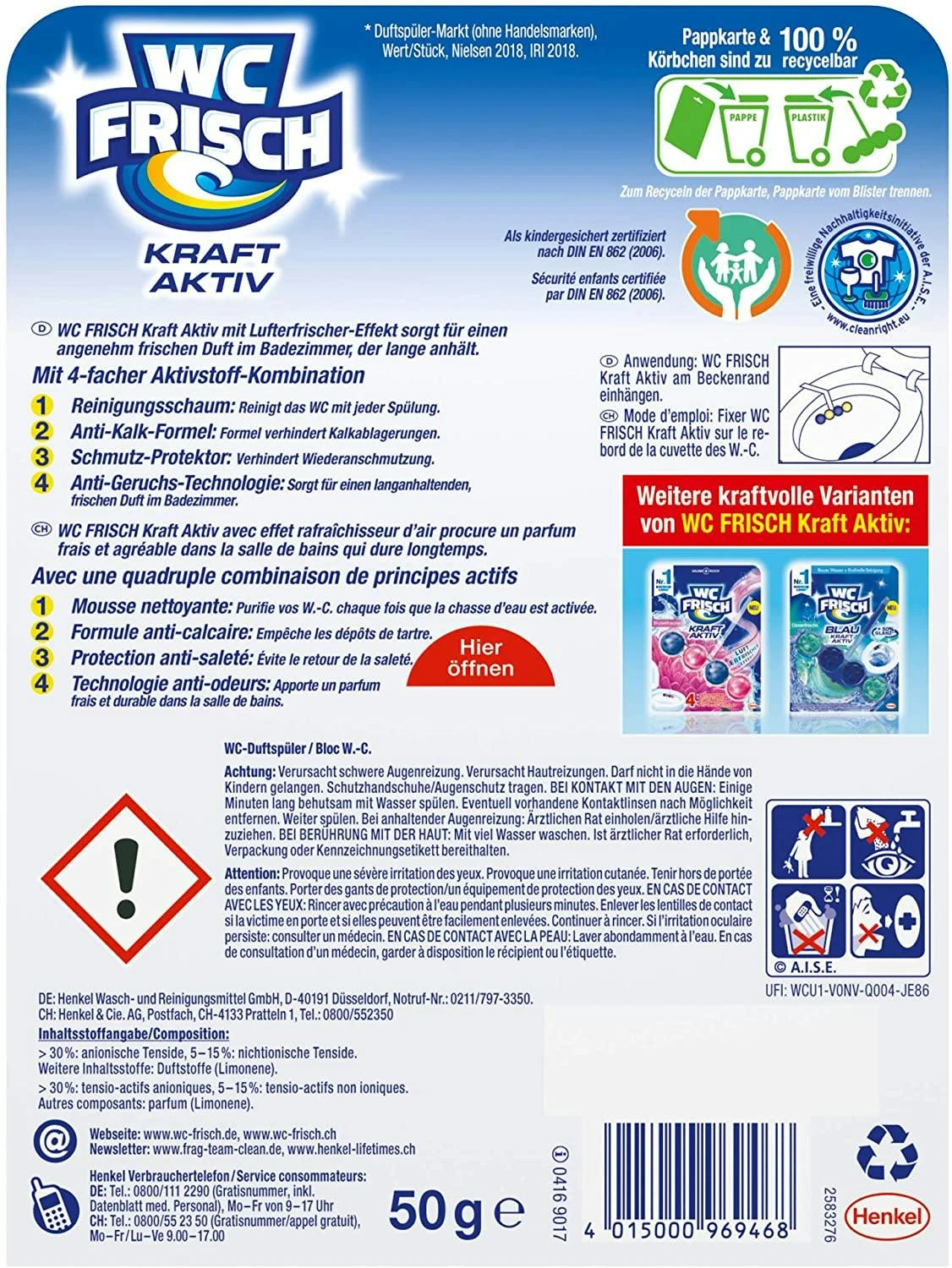 WC-Frisch Kraft Aktiv Duftspüler Lemon WC-Reiniger 50 G Badreiniger Reiniger – Bild 6