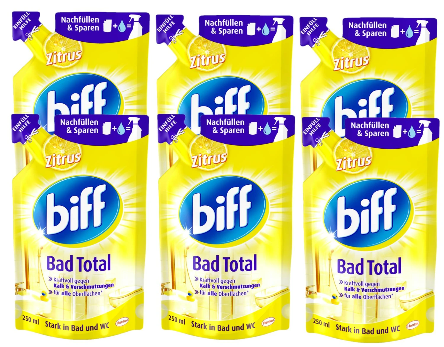 Biff Bad Total Zitrus Badreiniger Reiniger Reinigungsmittel 6x250ml Nachfüllpack